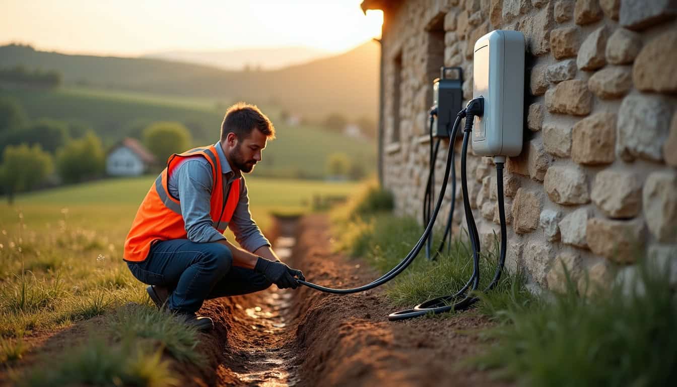Technicien en train de tirer un câble d'alimentation pour une borne de recharge en Lozère
