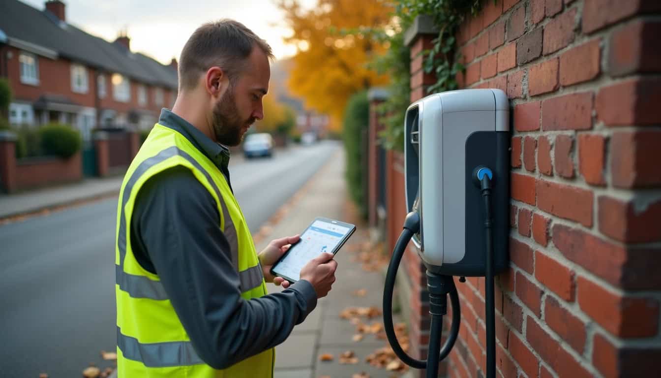 Technicien en train de vérifier le bon fonctionnement d'une borne de recharge à Arches