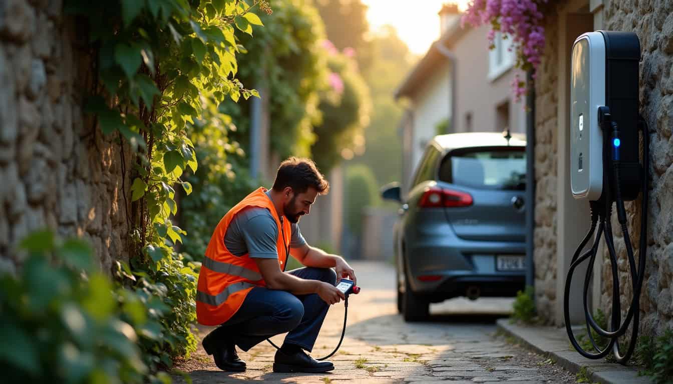 Technicien en train de vérifier le bon fonctionnement d’une borne de recharge à Fons