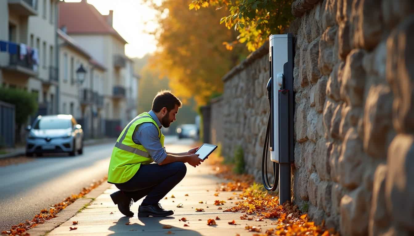 Technicien en train de vérifier le bon fonctionnement d'une borne de recharge à Grézieu-la-Varenne