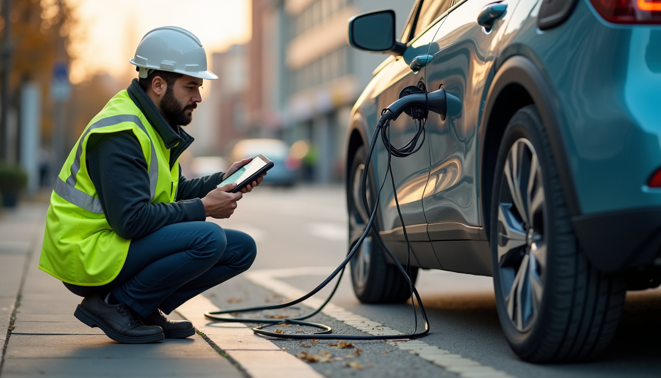 Technicien en train de vérifier le bon fonctionnement d'une borne de recharge à Mauron, avec outils de diagnostic et tablette connectée
