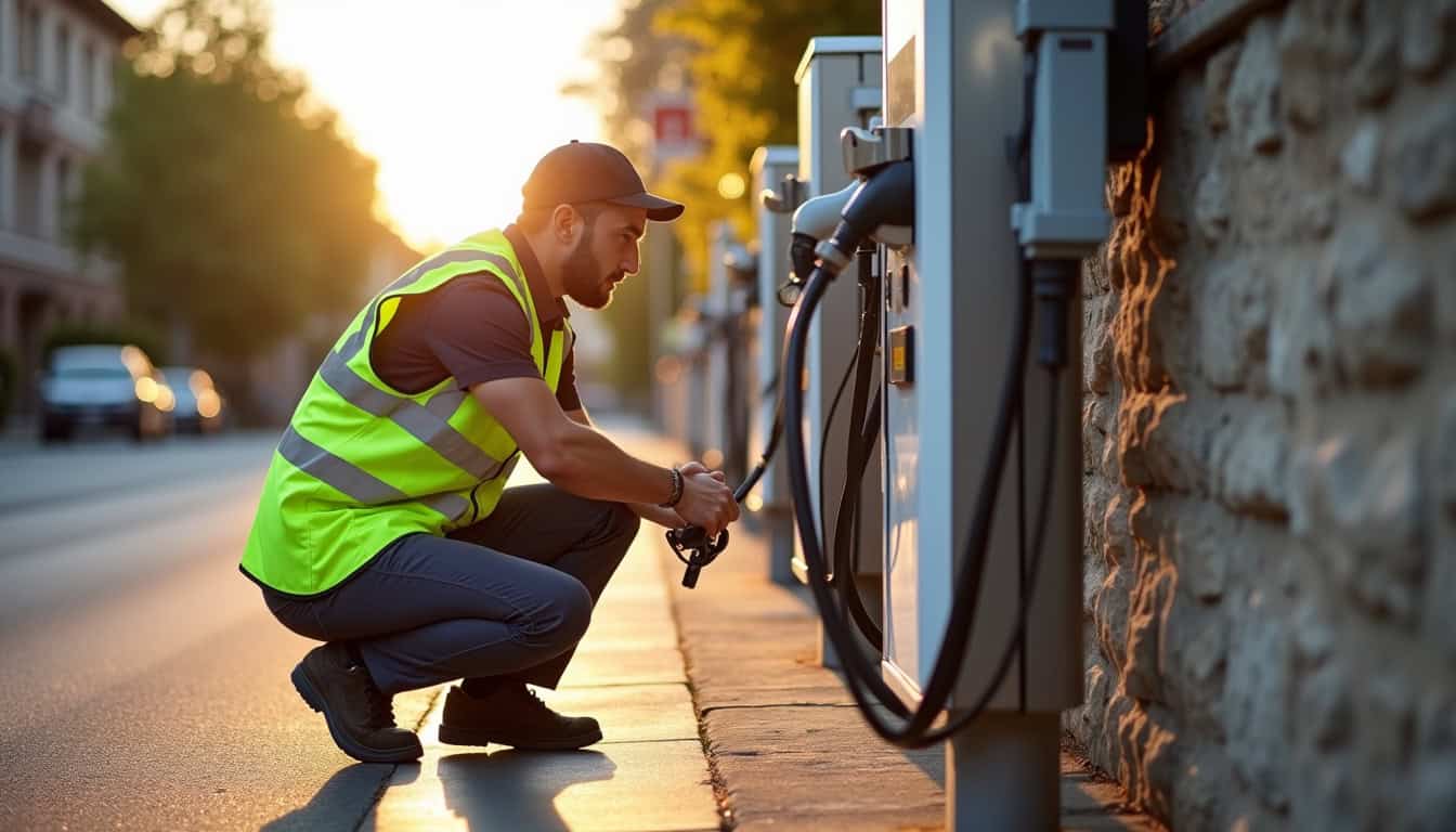 Technicien en train de vérifier le bon fonctionnement d'une borne de recharge électrique à Échirolles