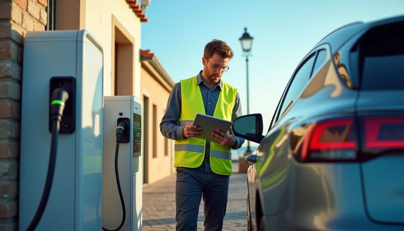 Technicien en train de vérifier le bon fonctionnement d'une borne de recharge électrique à Le Bernard