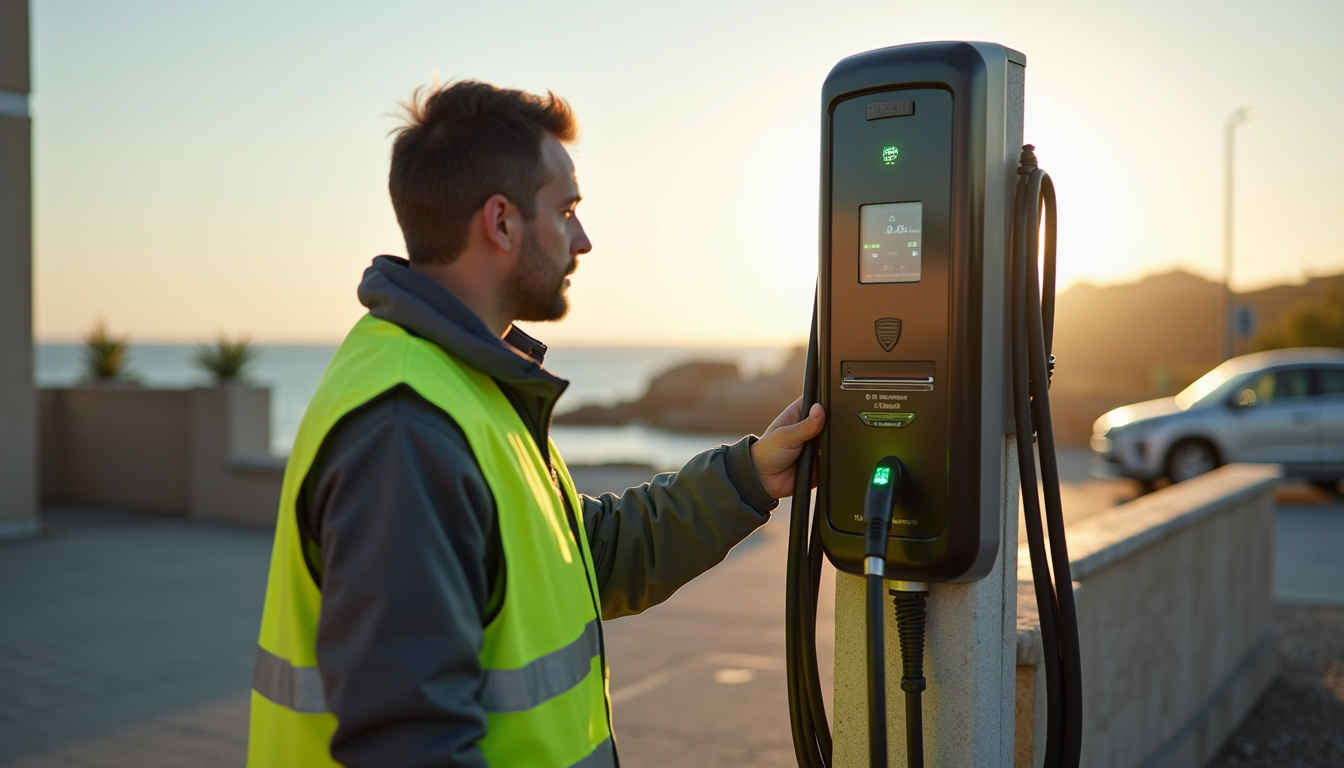 Technicien en train de vérifier le bon fonctionnement d'une borne de recharge électrique à Mesquer
