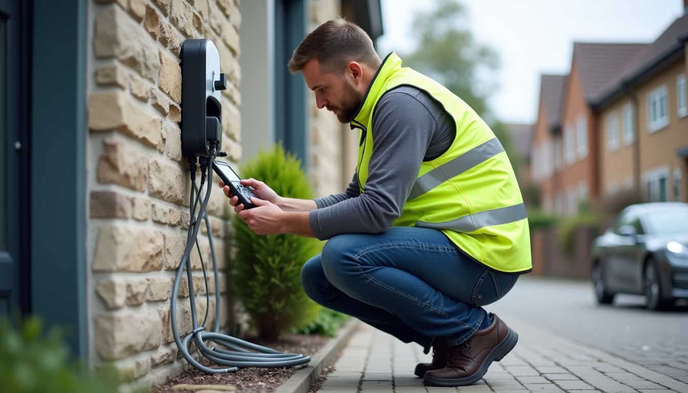 Technicien en train de vérifier le bon fonctionnement d'une borne de recharge électrique installée en extérieur
