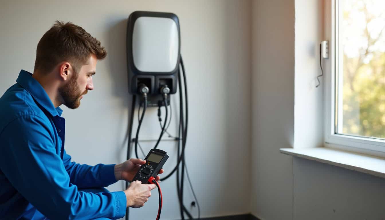 Technicien en train de vérifier le bon fonctionnement d'une borne de recharge électrique lors d'une visite de maintenance programmée