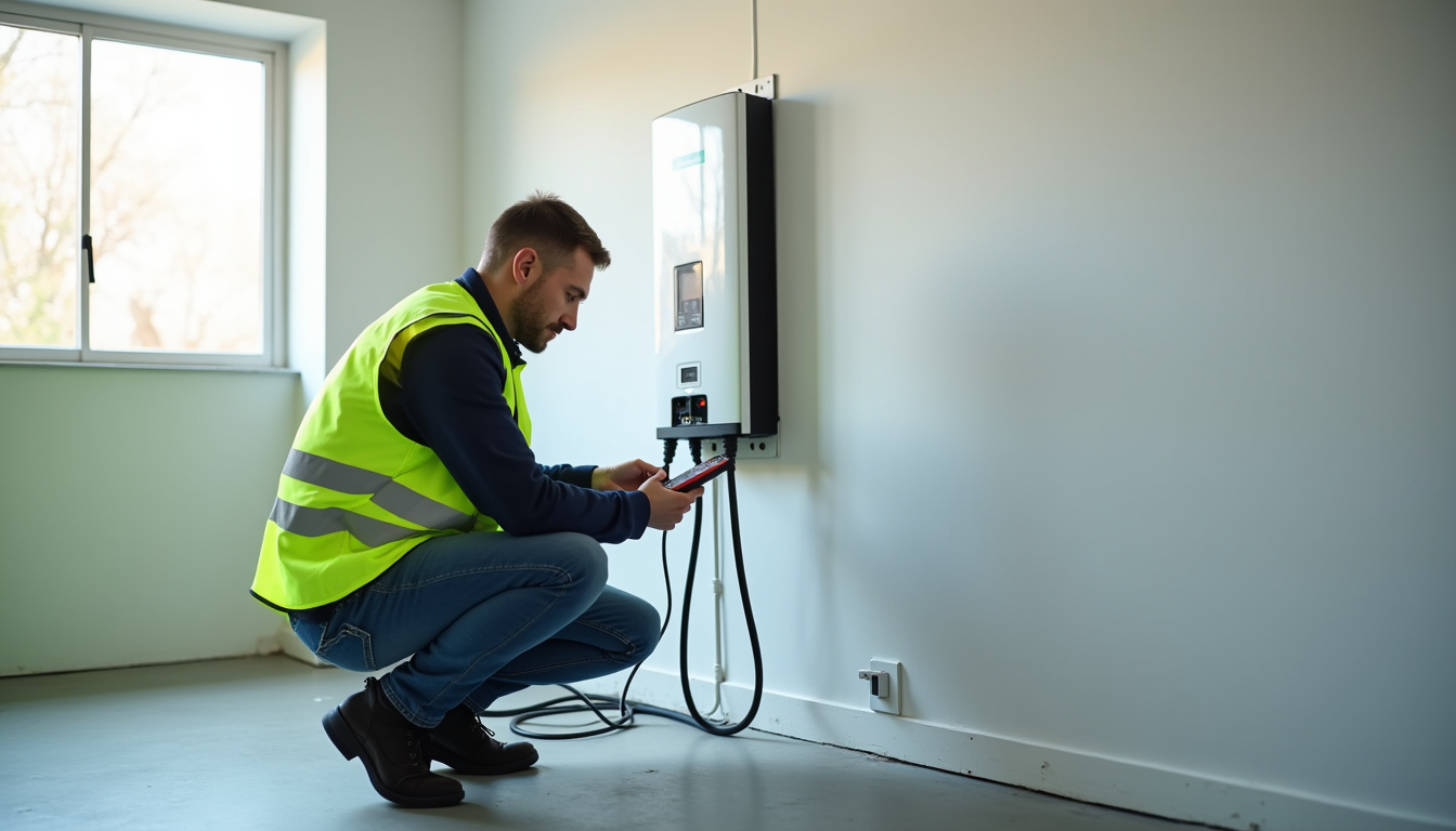 Technicien en train de vérifier le bon fonctionnement d'une borne de recharge électrique