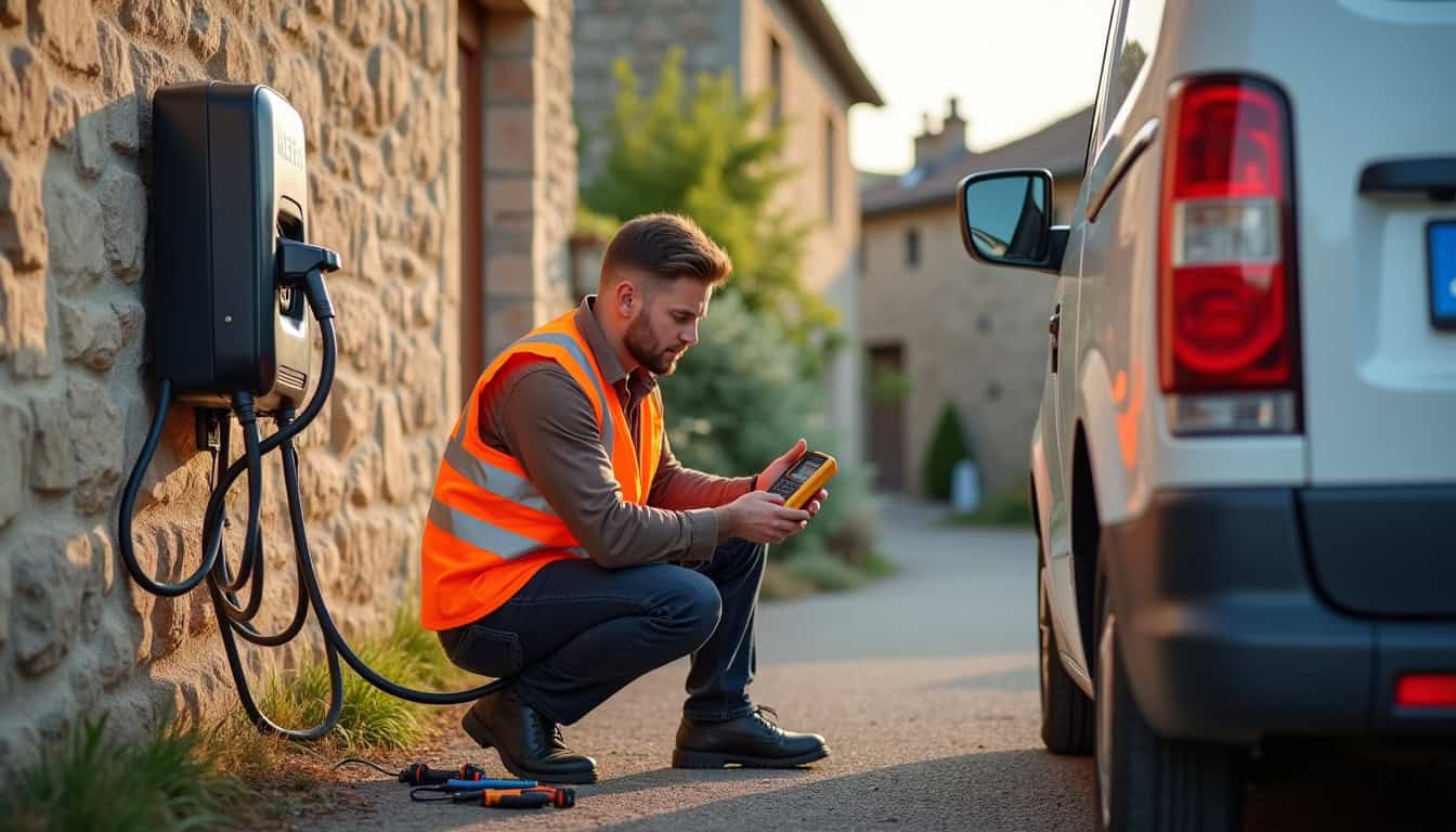 Technicien en train de vérifier le bon fonctionnement d'une borne de recharge électrique