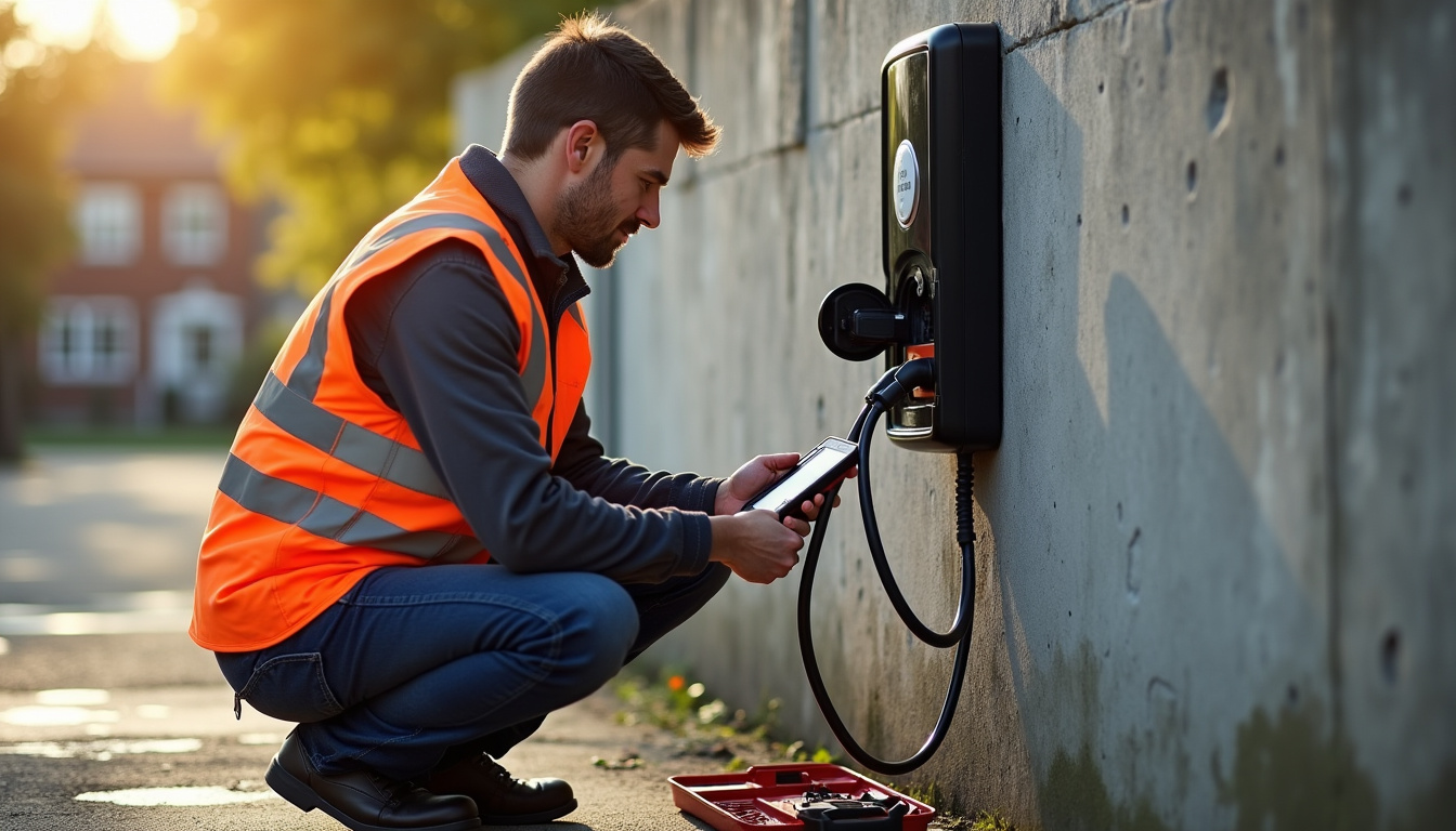 Technicien en train de vérifier le bon fonctionnement d'une borne de recharge électrique