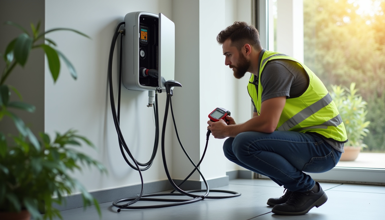 Technicien en train de vérifier le bon fonctionnement d'une borne de recharge électrique
