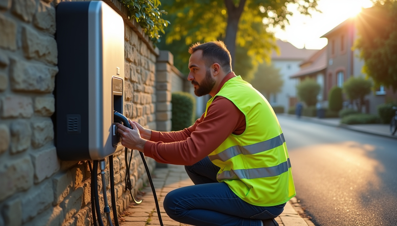 Technicien en train de vérifier le fonctionnement d'une borne de recharge à Cheyssieu