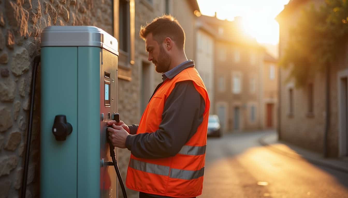 Technicien en train de vérifier le fonctionnement d'une borne de recharge électrique à Labastide-Beauvoir