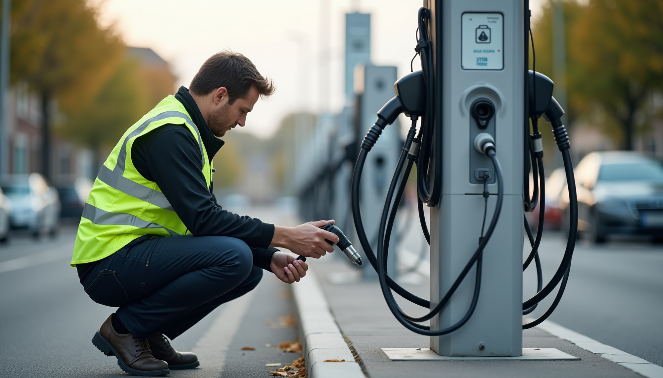 Technicien en train de vérifier le fonctionnement d’une borne de recharge électrique à Lésigny, outils en main et interface connectée affichée sur une tablette