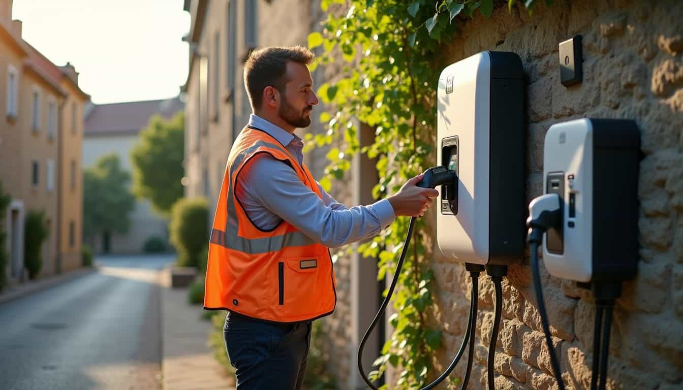 Technicien en train de vérifier le fonctionnement d'une borne de recharge électrique à Moyon Villages