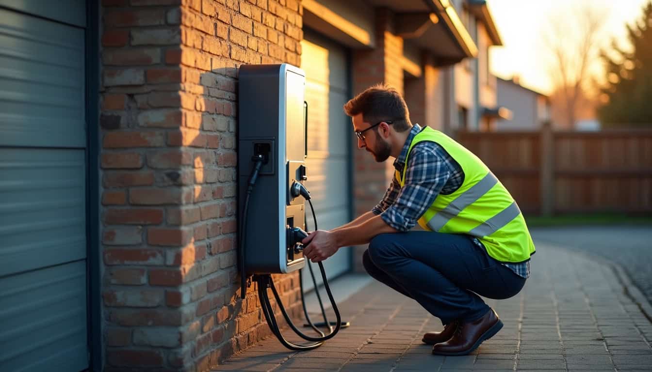 Technicien en train de vérifier le fonctionnement d'une borne de recharge électrique