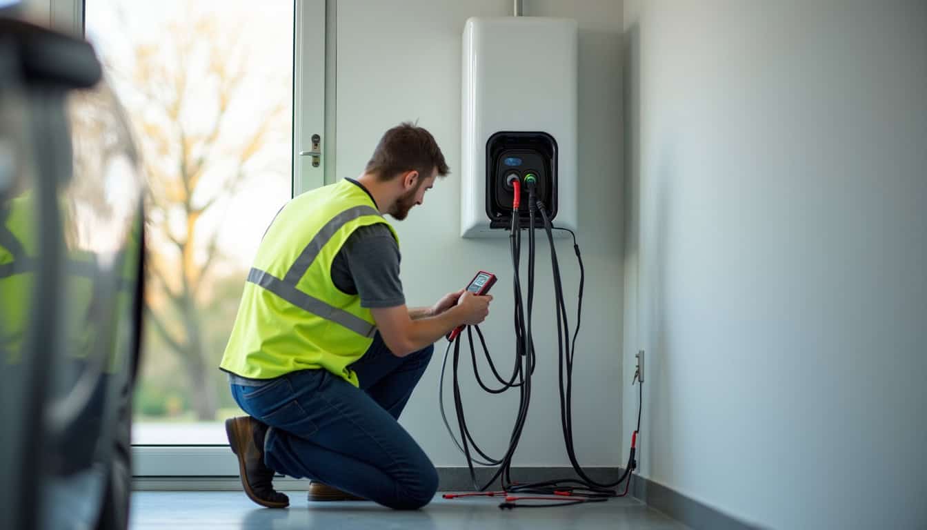 Technicien en train de vérifier le fonctionnement d'une borne de recharge électrique