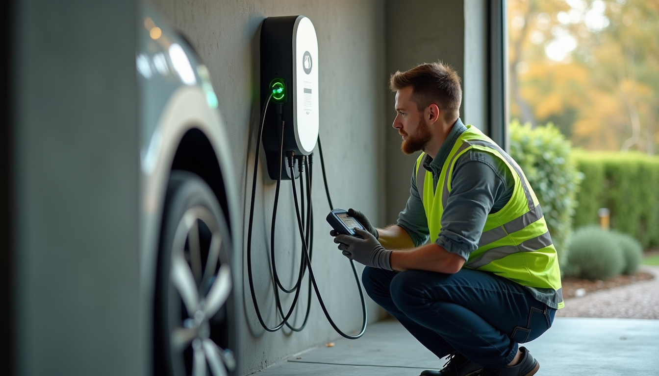 Technicien en train de vérifier le fonctionnement d'une borne de recharge électrique