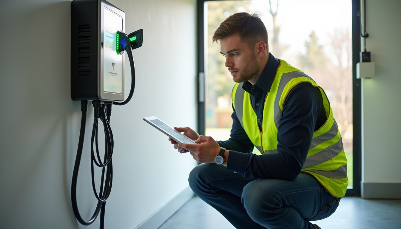 Technicien en train de vérifier le fonctionnement d'une borne de recharge électrique