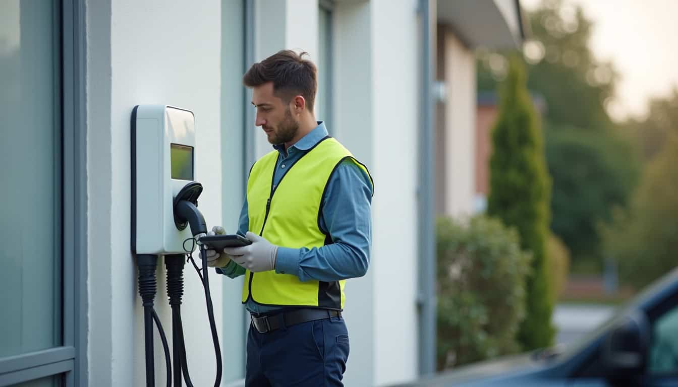 Technicien en train de vérifier le fonctionnement d'une borne de recharge murale