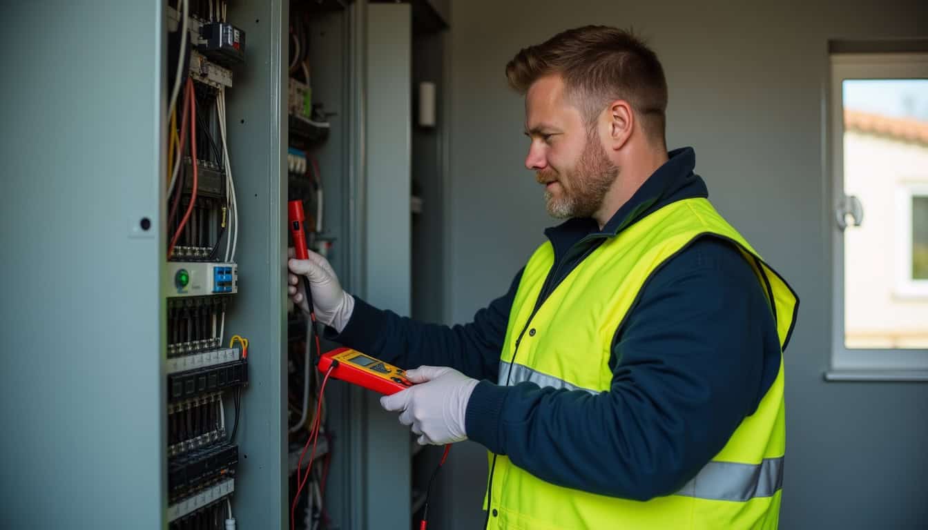 Technicien en train de vérifier le tableau électrique avant installation d'une borne à Obersaasheim