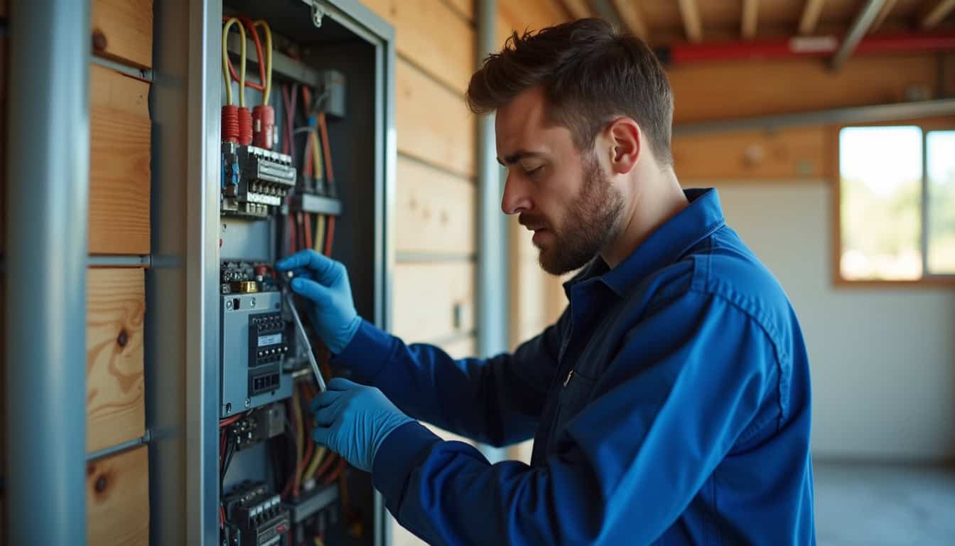 Technicien en train de vérifier le tableau électrique avant installation d'une borne
