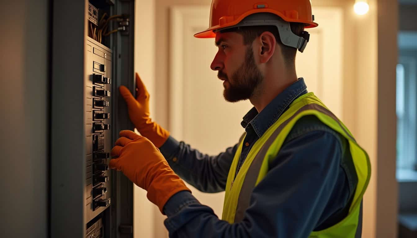 Technicien en train de vérifier le tableau électrique d'une maison avant l'installation d'une borne de recharge
