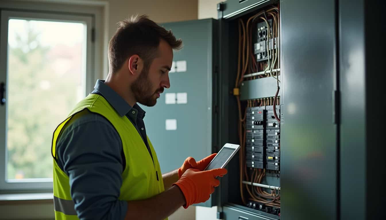 Technicien en train de vérifier un tableau électrique avant installation d'une borne de recharge à Ballots