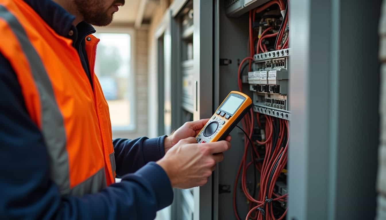 Technicien en train de vérifier un tableau électrique avant installation d'une borne de recharge
