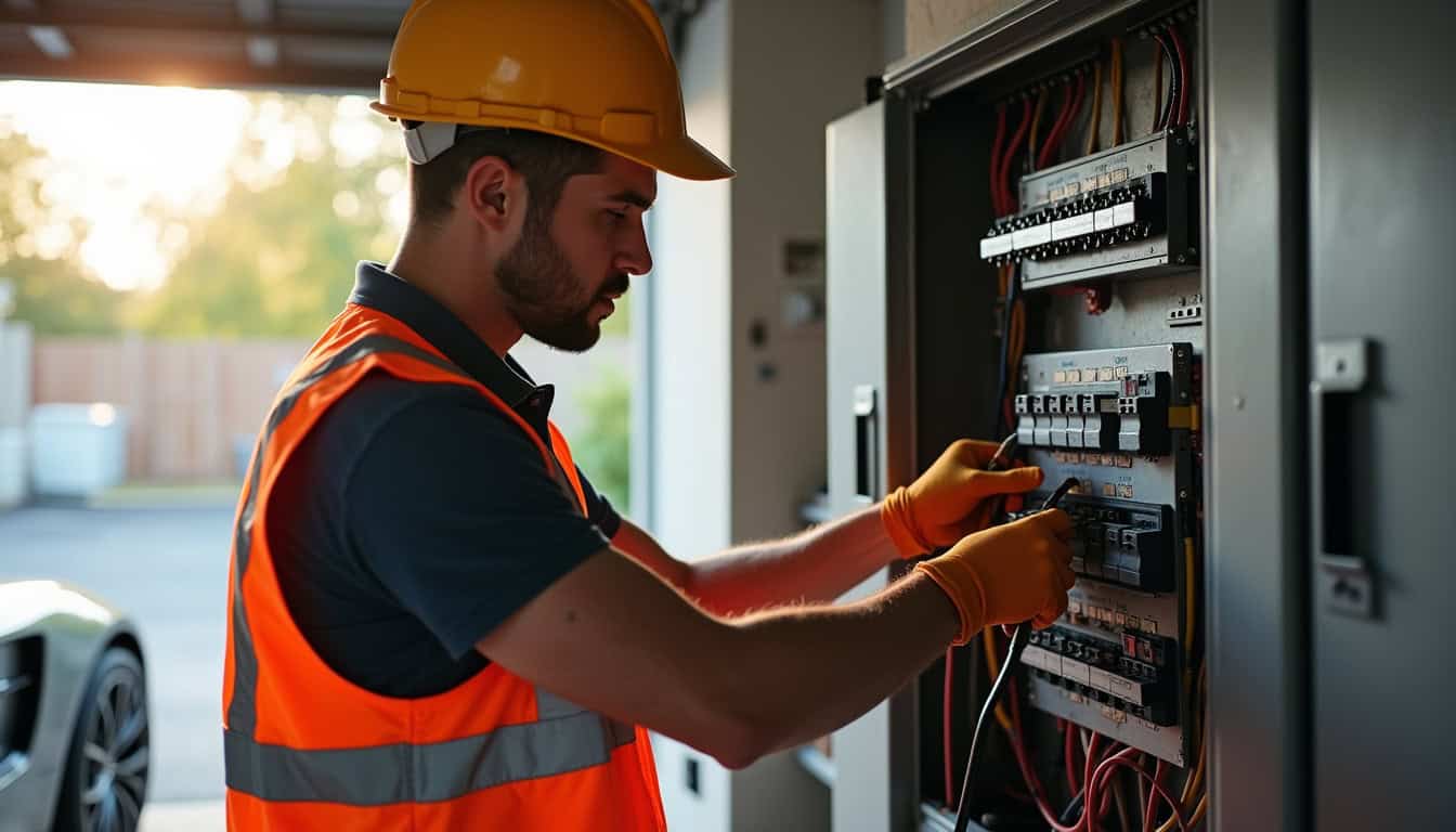 Technicien en train de vérifier un tableau électrique avant installation d'une borne de recharge
