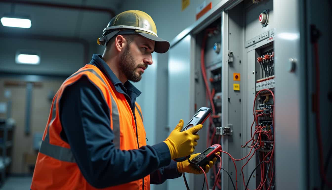 Technicien en train de vérifier un tableau électrique avant installation d'une borne de recharge