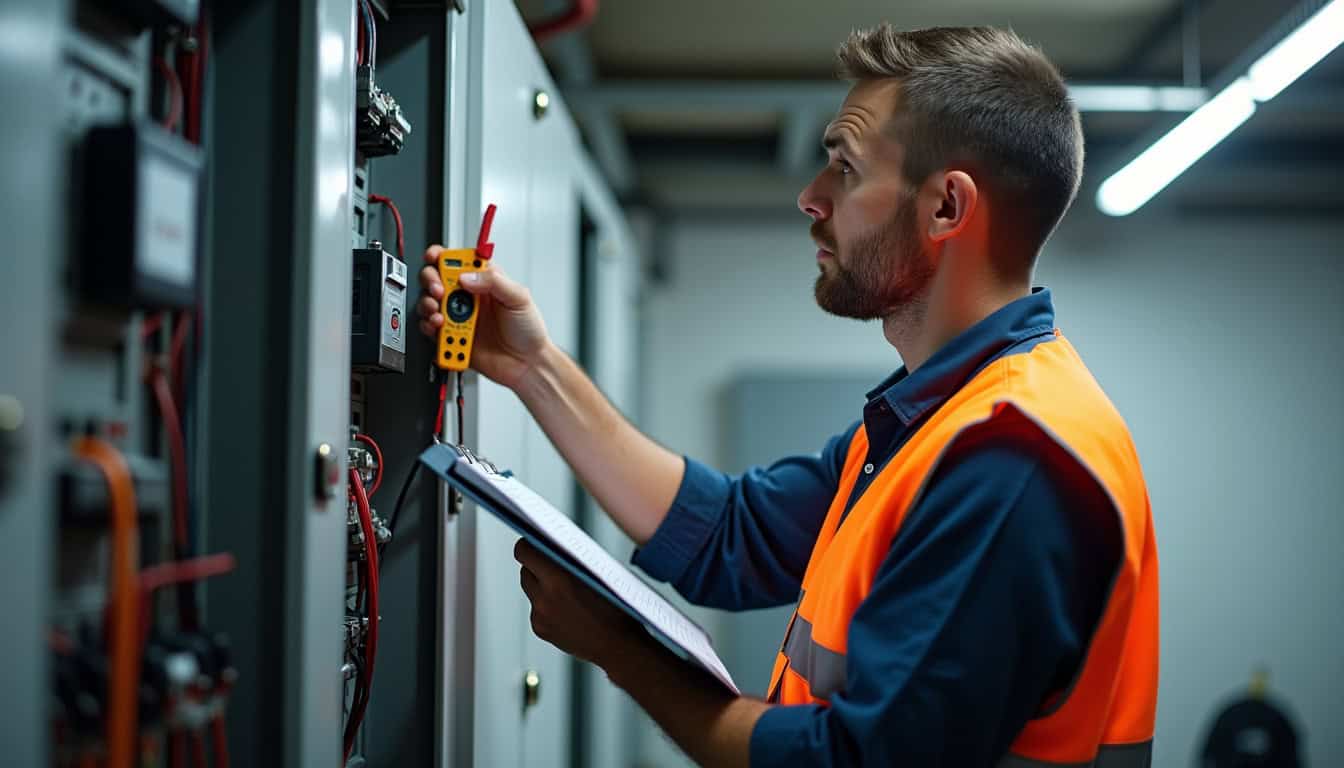 Technicien en train de vérifier un tableau électrique avant installation d'une borne de recharge