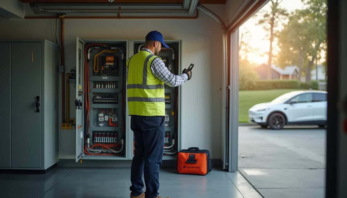 Technicien en train de vérifier un tableau électrique avant installation d'une borne de recharge