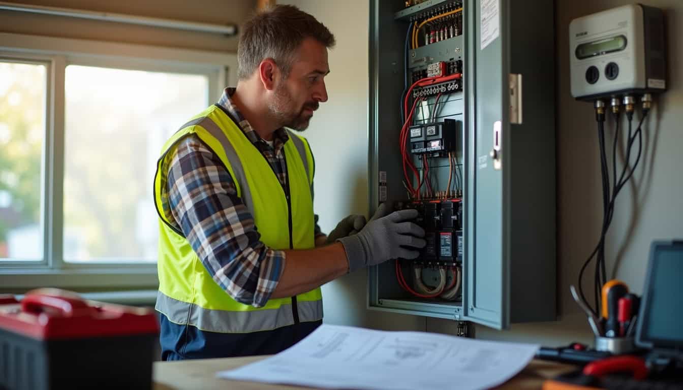 Technicien en train de vérifier un tableau électrique avant installation d'une borne de recharge