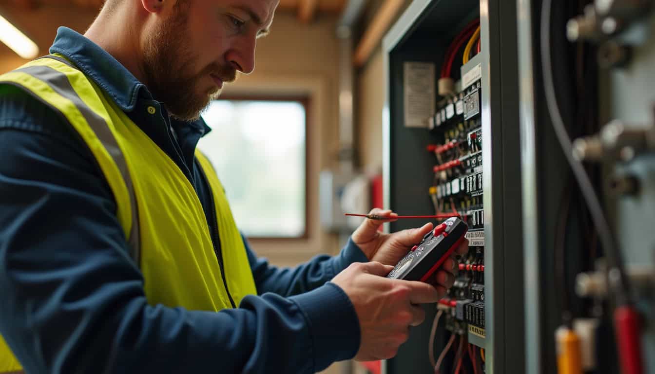 Technicien en train de vérifier un tableau électrique avant installation d'une borne de recharge