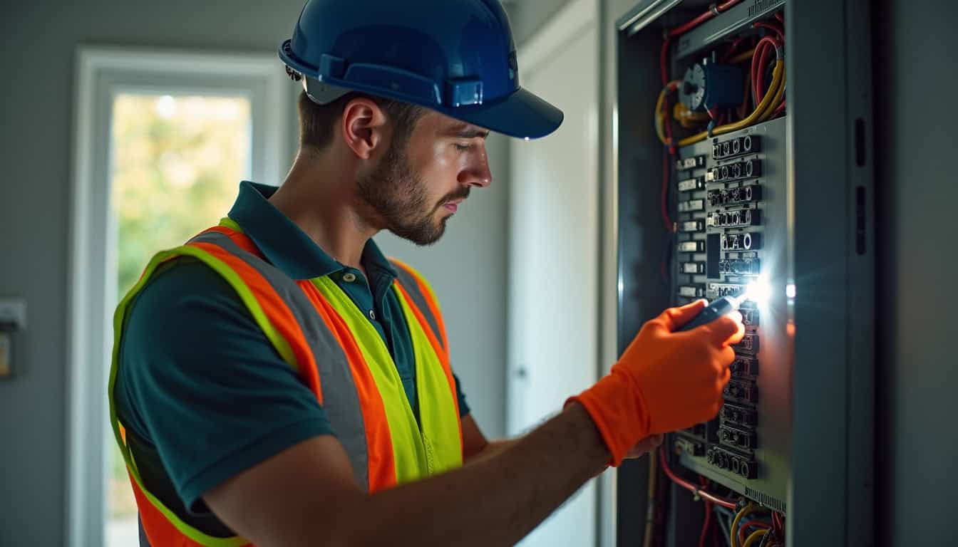 Technicien en train de vérifier un tableau électrique avant installation d'une borne de recharge