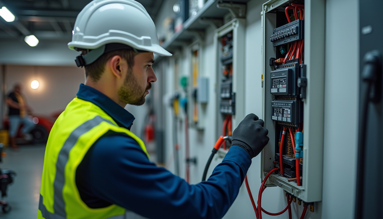 Technicien en train de vérifier un tableau électrique avant installation d'une borne de recharge