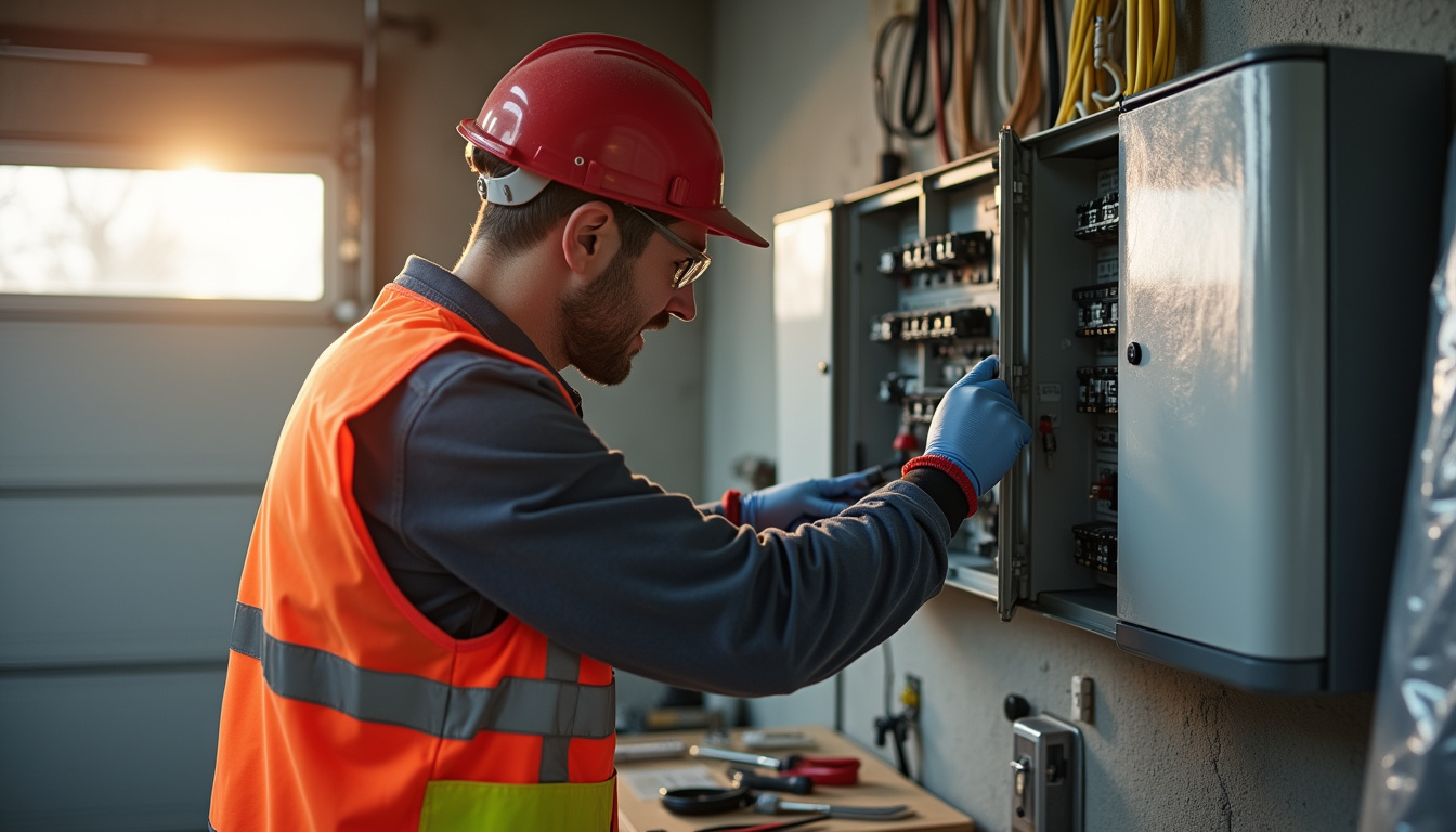 Technicien en train de vérifier un tableau électrique avant l'installation d'une borne de recharge à Saint-Just-Malmont