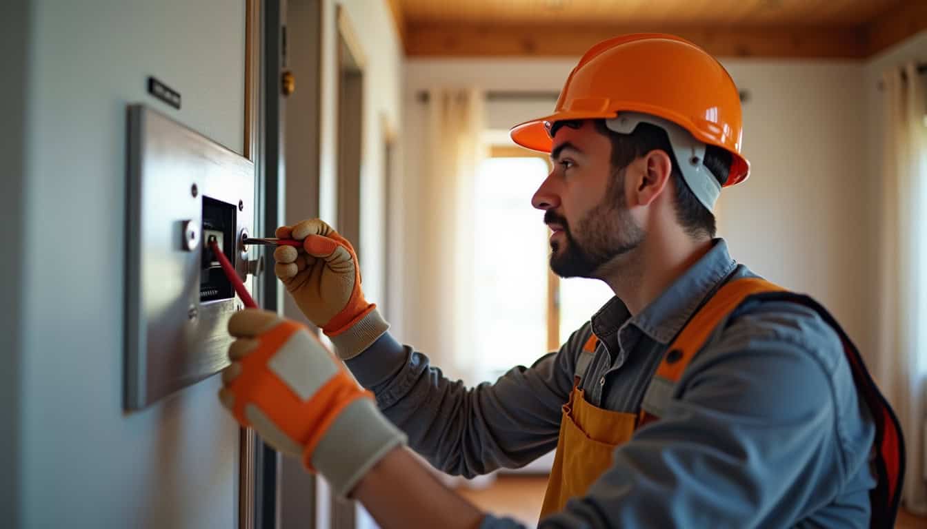 Technicien en train de vérifier un tableau électrique dans une maison à Saint-Thurien avant installation de la borne