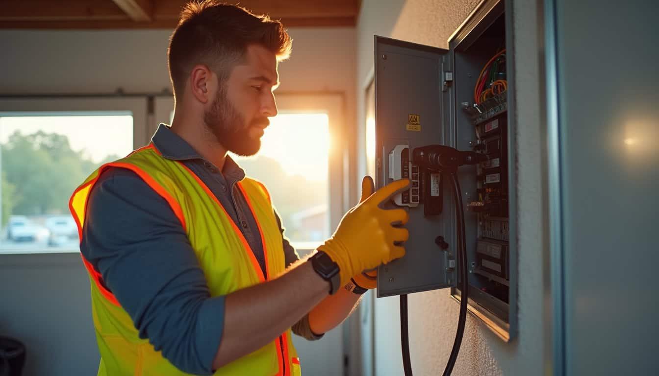 Technicien en train de vérifier un tableau électrique lors de l'installation d'une borne de recharge