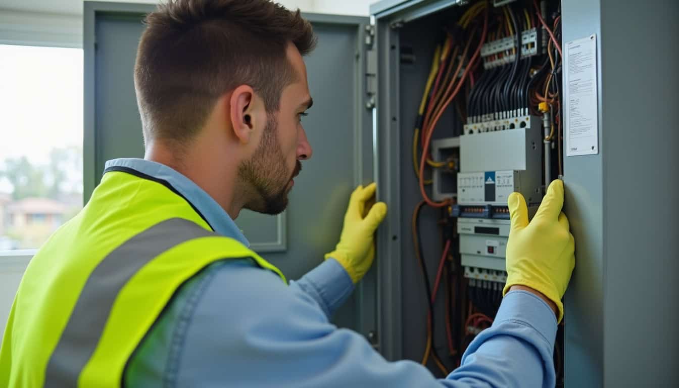 Technicien en train de vérifier un tableau électrique lors d'une visite technique à Orcier