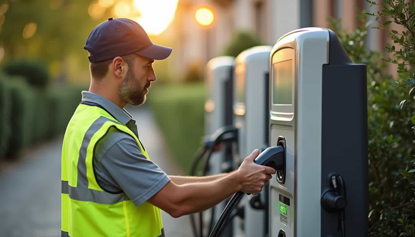 Technicien en train de vérifier une borne de recharge à Barsac
