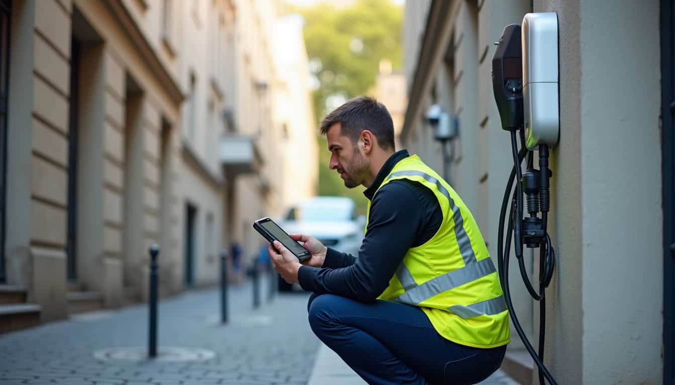Technicien en train de vérifier une borne de recharge à Levallois-Perret
