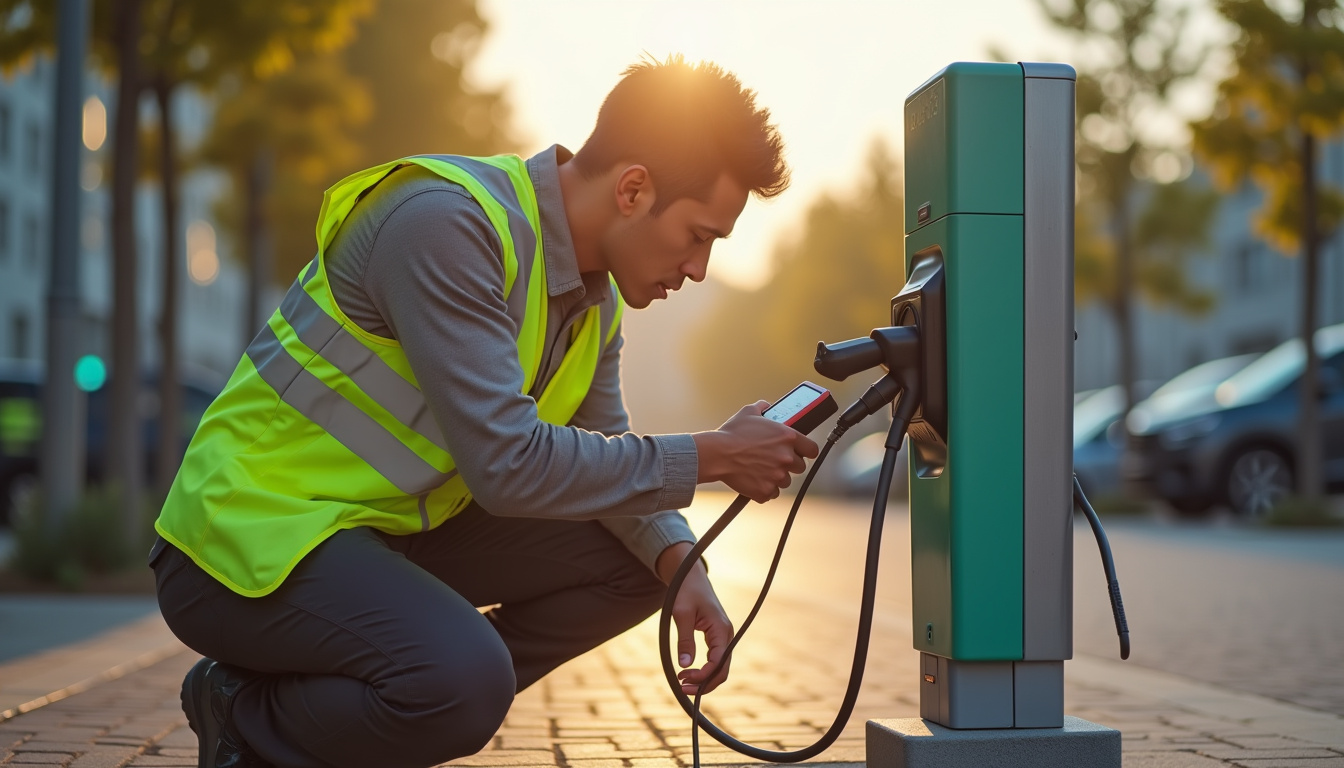 Technicien en train de vérifier une borne de recharge à Luzinay
