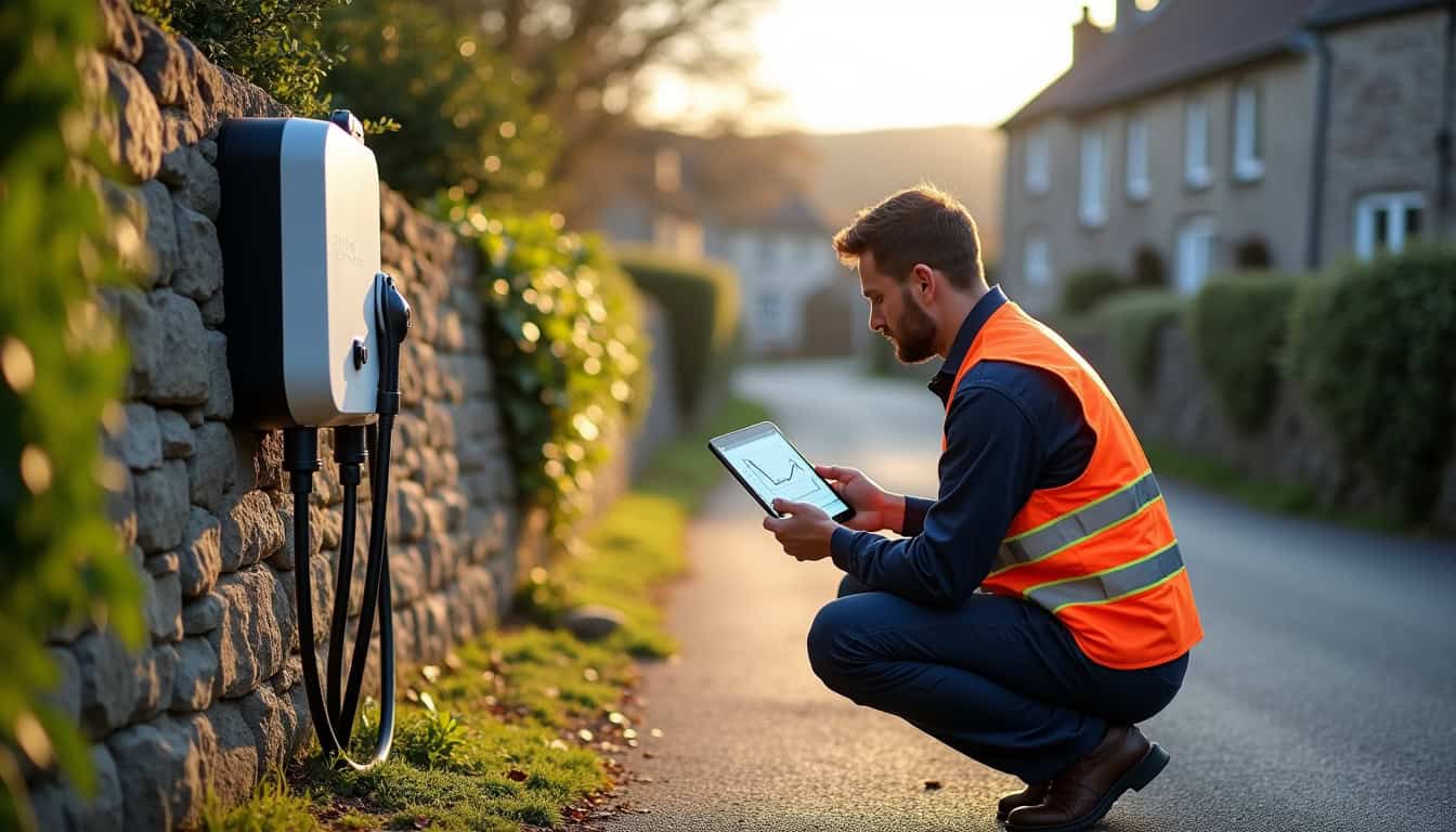 Technicien en train de vérifier une borne de recharge à Pont-de-Buis-lès-Quimerch
