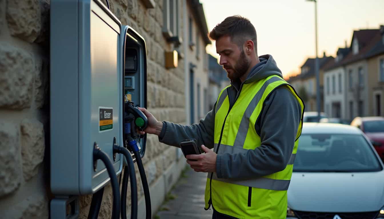 Technicien en train de vérifier une borne de recharge électrique à Bourgoin-Jallieu