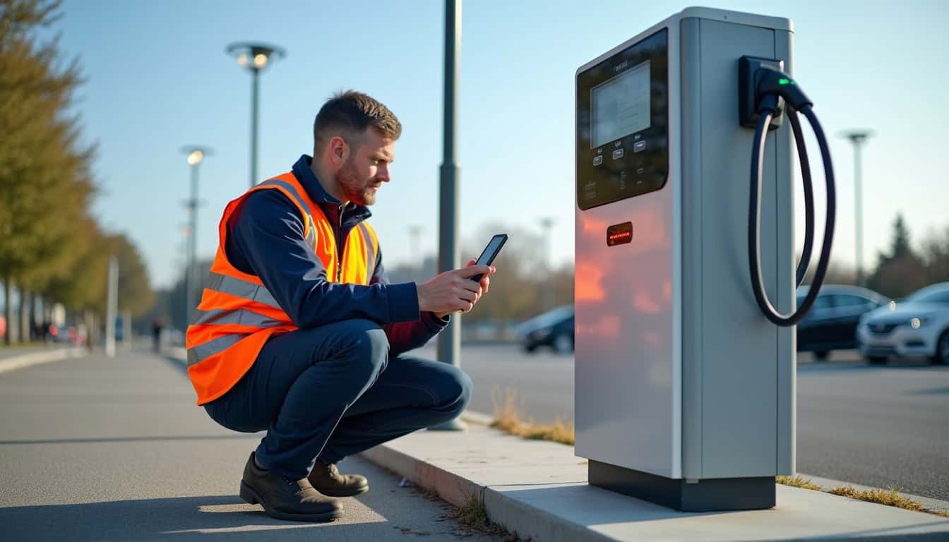 Technicien en train de vérifier une borne de recharge électrique à Cernay
