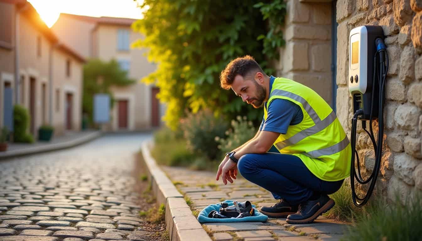 Technicien en train de vérifier une borne de recharge électrique à Chabris
