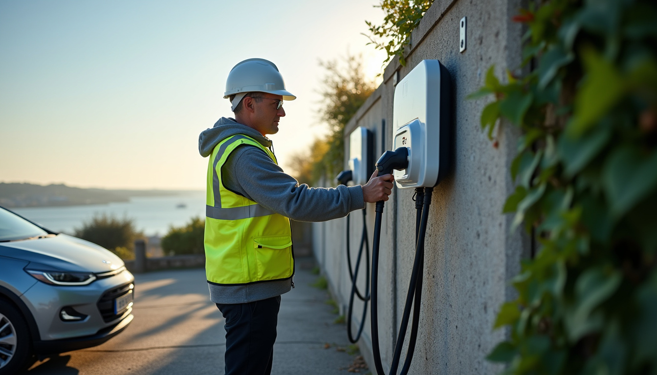 Technicien en train de vérifier une borne de recharge électrique à Combrit