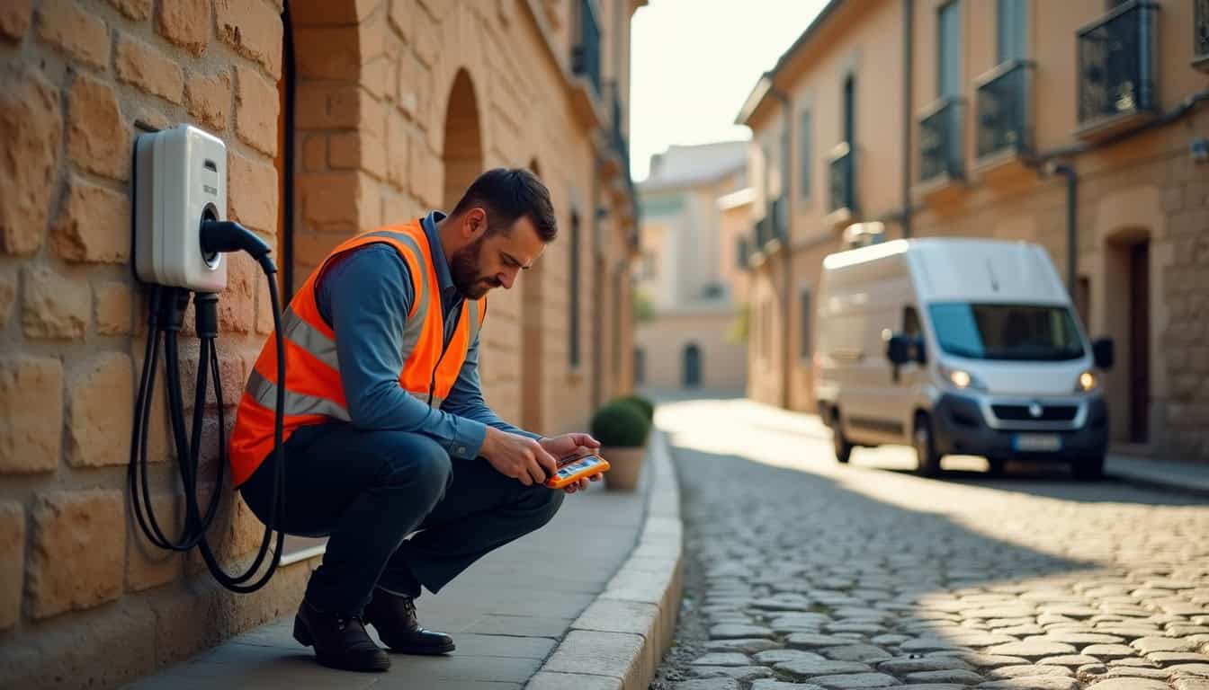Technicien en train de vérifier une borne de recharge électrique à Cornas