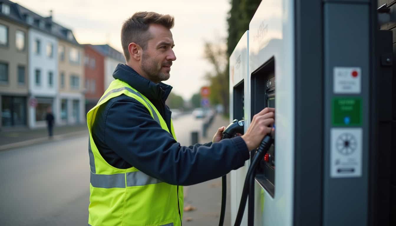Technicien en train de vérifier une borne de recharge électrique à Doullens